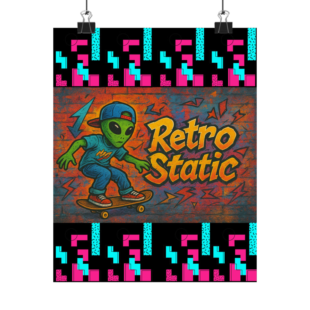 Retro Static Skateboard Alien Poster — Matte Vertical Wall Art